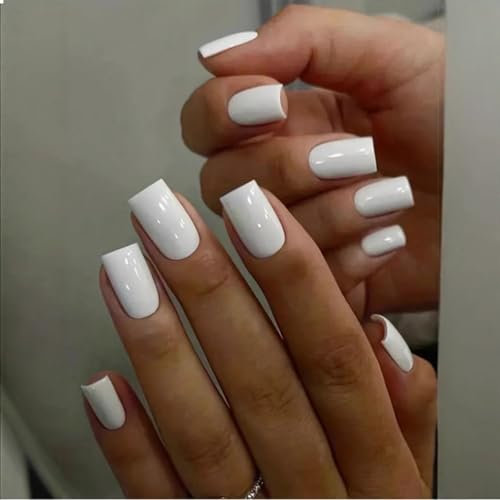 GlamRays Lot de 24 faux ongles courts blancs purs, carrés, naturels, brillants, acryliques, transparents, faux ongles