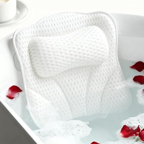 Joeyset Bath Pillows for Tub Head Neck Back Support, Bathtub Pillow 4D Breathable Air Mesh, Spa Relaxing Gifts for Women, Luxury Bathing Accessories with 6 Suction Cups and Hook (White)