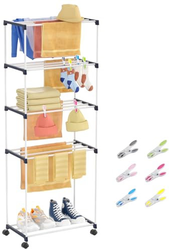 johgee Kleines Wäscheständer, Freistehender Handtuchhalter, Platzsparender Wäschetrockner Turm mit Rollen, Indoor-Trockenständer für Bäder, Wohnungen und Waschküchen 5 Ebenen