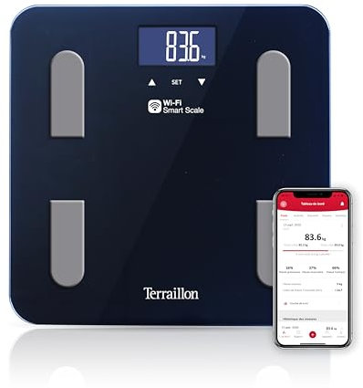 TERRAILLON - FIT COACH - Balance connectée WiFi, Impédancemètre, Analyse des masses graisseuse, musculaire, hydrique, osseuse et viscérale, IMC, Ecran LCD, Capacité 180 kg, Plateau verre, Noir