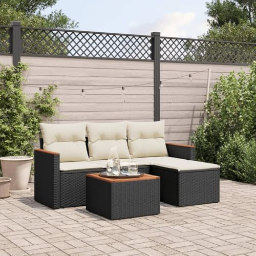 Festnight Conjunto Jardín de Ratán con Cojines Gruesos, Muebles Jardín Exterior con Almacenamiento, Sofá para Jardin Terraza Resistente a la Intemperie,Negro y Crema 5 pzas Type-60