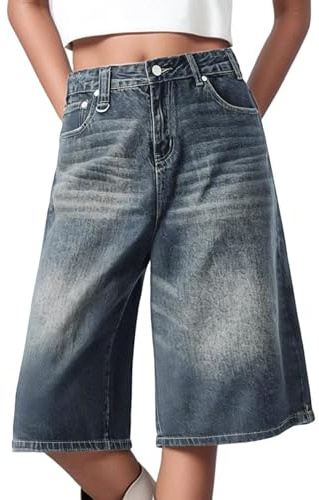 Generico 3/4 Jeans Pantaloni Larghi in Denim da Donna Estivi Y2k Hip Hop Vintage Distrutti Corti Jeans Pantaloni Tre Quarti Casual per Adolescenti (Blu,S)