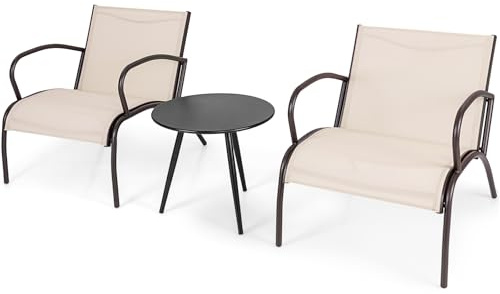 KOMFOTTEU Set di Mobile da Giardino in 3 Pezzi, Set Tavolo Rotondo e 2 Sedie da Balcone in Tessuto Textilene e Metallo, Set da Bistrò per Patio, Veranda, Bordo di Piscina, per 2 Persone, Marrone