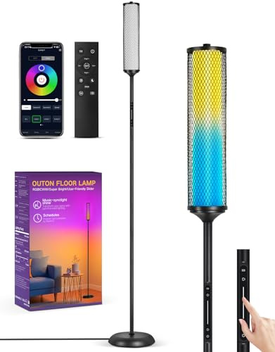 OUTON Lámpara de Pie LED con Control Remoto y App, 1500 LM, 16 Millones de Colores, 32 Modos de Escena, Sync Música, 1H Timer, Lámpara Moderna de Esquina para Salón, Dormitorio, Gaming, Negro Mate