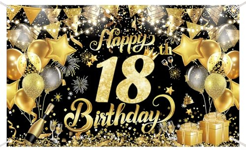 Happy Birthday Banner,Geburtstag Deko Schwarz-Gold mit 4 Löchern + 6m Seil, Extra Groß 180x110cm Party Hintergrund für Innen & Außen (180 x 110 cm) (18. Geburtstag)