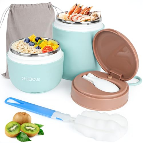 ROTKUSZ Müslibecher to go, 800ml Edelstahl Porridge Becher mit Faltbarer Löffel, Doppelschicht Auslaufsicherer Joghurtbecher, Müsli to go Becher für Arbeit, Schule, Blau