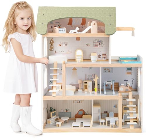 COSTWAY Puppenhaus Holz, Kinder Dollhouse mit 33 Zubehör & Möbel