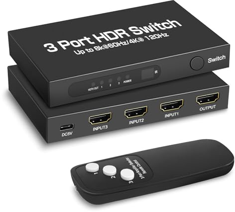 HDMI 2.1 Switch 8K@60Hz & 4K@120Hz, HDMI Switch 3 In 1 Out, HD MI Schalter mit Fernbedienung, Compatible Supports VRR, Dolby Vision,Compatible für PS5, Xbox, Fire TV, Apple TV, PC, Blu-Ray, DVD Player