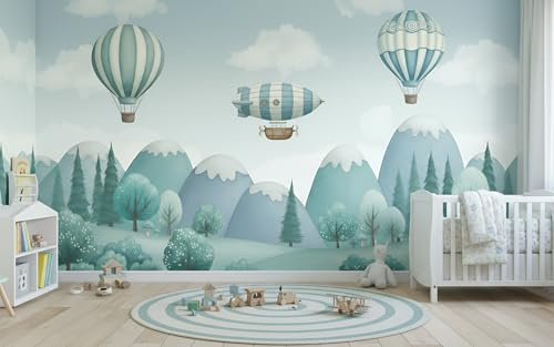 Vlies Fototapete Kinderzimmer – Berge & Heißluftballons Motiv – Hochwertige Flizelintapete, Reißfest & Atmungsaktiv – Wanddeko fürs Babyzimmer Zauberhafte Berge & Heißluftballons