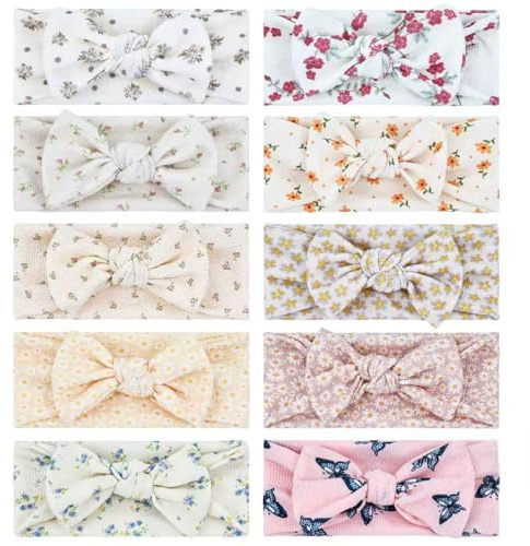 Cinaci 10 Pieces Soft Stretchy Baby Girl Floral Bow Headbands Headwraps Hair Bows Bands Accessories for Baby Girls Newborns Infants Toddlers