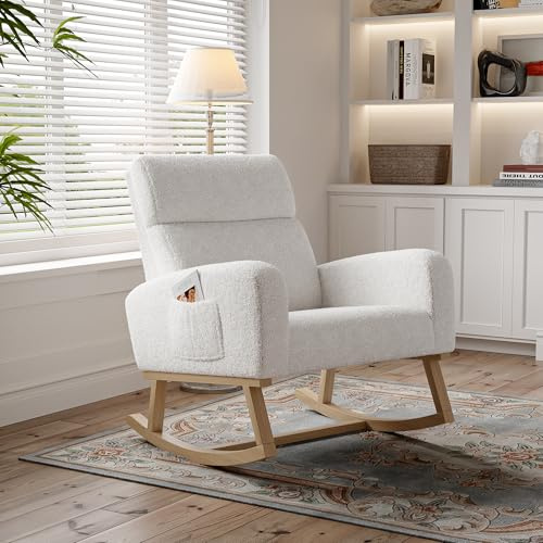 Holtrae Schaukelstuhl,Babyzimmer Stillsessel,Schlafzimmer Schaukelsessel,Leinen Schaukelstühle,Gepolsterter Stillstuhl Holzbeinen Seitentaschen,Wohnzimmer Lounge Sessel mit hoher Rückenlehne, Weiß