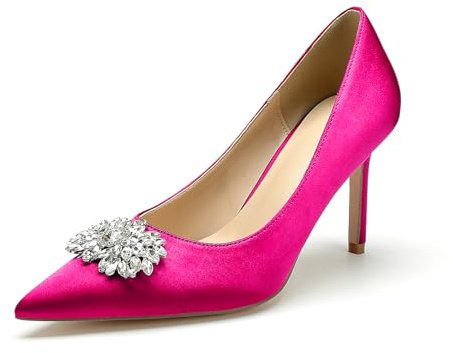 Womens Satin High Stiletto Heels Wedding Shoes for Bride Pumps Closed Toe Diamante Evening Party Bridesmaid Bridal Shoes,Fuchsia,6.5 UK