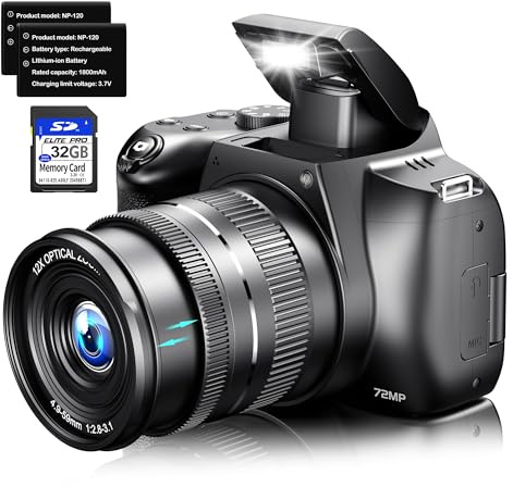 Fotocamere digitali 4K per fotografia, zoom ottico 12X con WiFi e controllo app, fotocamera Vlogging da 72 MP con schermo flip a 180°, fotocamera fotografica con messa a fuoco automatica, 2 batterie