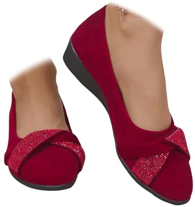 Scarpe da donna comode, elastiche incrociate, con zeppa, ballerina, alla caviglia, con cinturino incrociato, punta arrotondata, comoda pompa, Strass Rosso, 40 EU