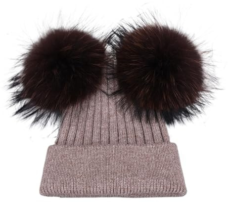 Generisch Bommelmütze for Damen, Wintermütze, Strickmütze, Beanie mit Zwei Bommeln(Brown Match)