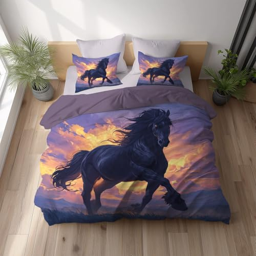 Generico Copripiumino Set 200 x 200 cm Arancione, Cavallo Tramonto Prateria, Completo Letto in Microfibra Morbida con Federe, Set Copripiumino Reversibile con Chiusura a Zip, Facile da Lavare