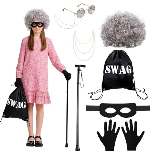gyoyede Gangster Granny Costume Set,World Book Day Costumes for Adults 2026 - Grey Wig, Robber Eye Mask, Swag Bag, Pearl Necklace and Cane for Storybook WBD Fancy Dress Up Cosplay Party Accessories