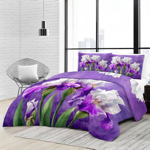 Bettdecke 4-Jahreszeiten Steppdecke in 155x220 cm mit Pflanzen Iris, Warme und Weiche Schlafdecke ohne Bezug mit 2 Kissenbezügen, Lila
