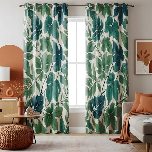 Generico Foglie di palma verdi Tende per Interni Termiche Isolanti con Pastorale tropicale e vintage per Soggiorno e Camera da Letto Tenda Morbida Interni 2 Pezzi con Occhielli, 140 x 260 cm PZ2286