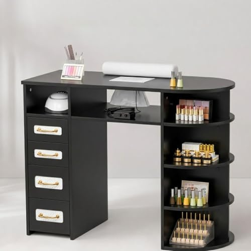 TYXQH Mesa de uñas para manicura, mesa de uñas con extracción de polvo, escritorio para salón de uñas, mesa de manicura con 4 cajones, estantería, mesa de salón de uñas (negro)