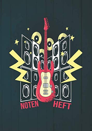 NOTENHEFT: DIN A4 für Anfänger und Fortgeschrittene / Blanko NotenBlock / Leere Notenzeilen / Notensystem / für die Schule / Komponist / Design : E Gitarre Lautsprecher Boxen Blitz