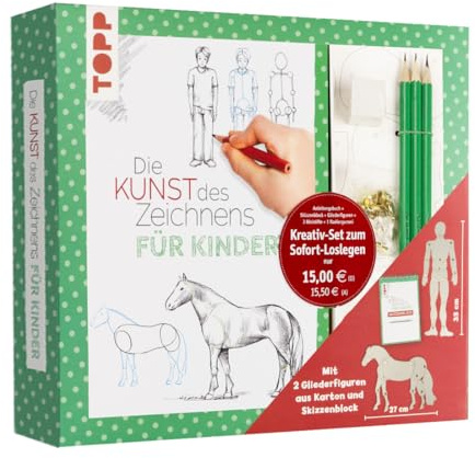 Kreativ-Set Kunst des Zeichnens für Kinder: Grundlagenbuch und kleiner Zeichenschule sowie 2 bewegliche Glieder-Figuren (Mensch/ Pferd), 3 Bleistifte ... (Die Kunst des Zeichnens für Kinder)