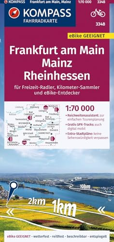 KOMPASS Fahrradkarte 3348 Frankfurt a.M., Mainz, Rheinhessen 1:70.000: reiß- und wetterfest mit Extra Stadtplänen