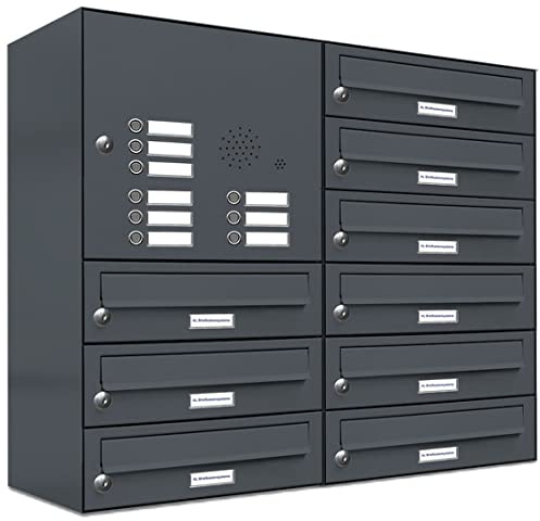 AL Briefkastensysteme 9er Briefkastenanlage mit Klingel Anthrazit Grau RAL 7016, Premium Briefkasten DIN A4, 9 Fach Postkasten modern Aufputz