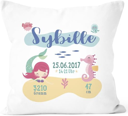 SpecialMe® personalisierbares Kissen zur Geburt, Meerjungfrau, Geburtskissen Mädchen, Namenskissen Geschenk Geburt Baby, Kissen-Bezug ohne Füllung Weiss Unisize