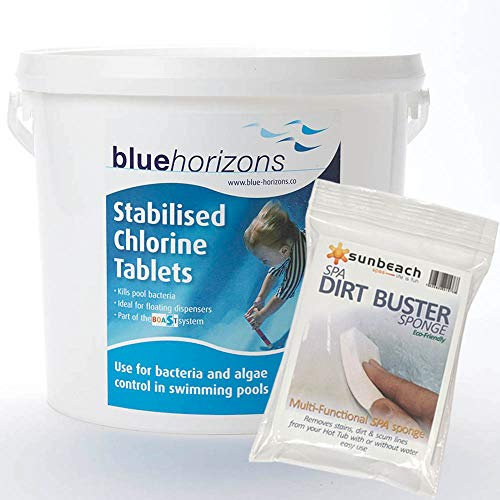 Blue Horizons 5kg Stabilised 200g Chlorine Tablets for Pools with FREE Sunbeach Dirt Buster Sponge