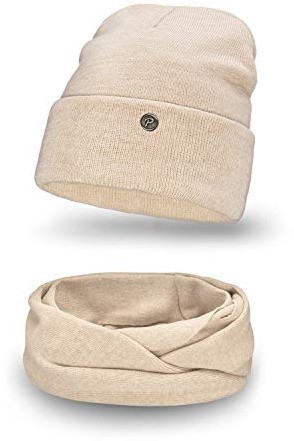 PaMaMi Damen 2 -teiliges Set (Mütze, Loop-Schal) | Beige | Gr. 55-58 cm | Atmungsaktive Mütze mit Umschlag und wärmender Loop-Schal in Strickjersey-Optik