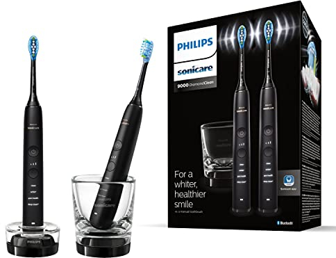 Philips Sonicare DiamondClean 9000 Electric Toothbrush, Sonic Toothbrush with App, Pressure Sensor, 4 Brushing Modes, 3 Intensity Levels, Charging Glass, Black, Dual Pack, Model HX9914/54