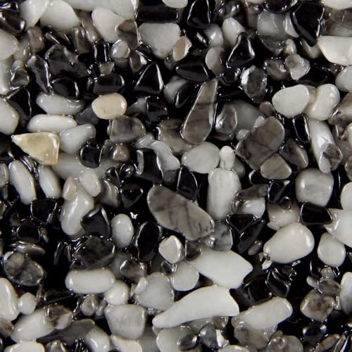 Terralith Steinteppich Marmor Komplett-Set für 1qm - Körnung: fein - 2-4mm mit Polyurethan Bindemittel - für Außen in schwarz-weiß (elegante)
