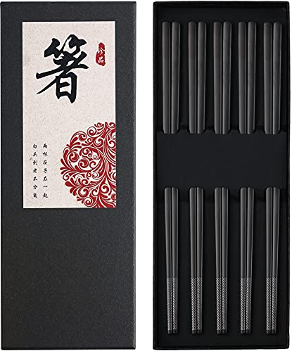 Baguettes en métal réutilisables, passent au lave-vaisselle, en acier inoxydable, plaqué titane, noir mat, carré, léger, japonais, coréen, 23,6 cm, 5 paires