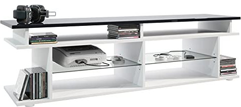 Vladon TV Board Movie V3 Game On 138,5 x 39 x 37,5 cm, Korpus in Weiß matt, Game Aufsatz in Schwarz Hochglanz