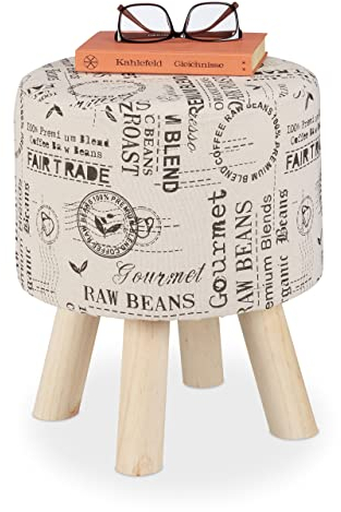 Relaxdays Sitzhocker, Stoffbezug, Holzbeine, gepolstert, runder Hocker, Wohnzimmer, Kaffee-Motiv, HxD: 38 x 32 cm, Creme