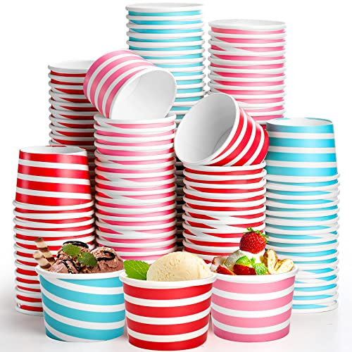 Hacaroa 150 Count 240 ml Paper Ice Cream Cups, Disposable Dessert Bowls Sundae Cup Party Supplies Treat Cups for Frozen Yogurt, Hot and Cold Food, 3 Colors Stripes