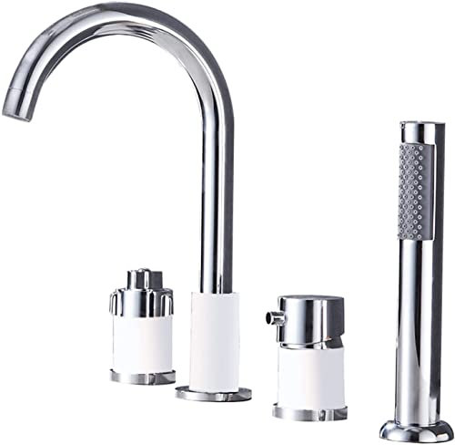 YRUIIA Badewannenarmatur Thermostat 4-Loch Wannenrandarmatur Badewanne Wannenrandarmatur Bad Dusche Badezimmer Armatur Wannenrand Badewanne Armatur Set, Chrom+Weiß