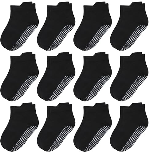 HYCLES Stoppstrumpor barn – 12 par ABS-strumpor barn baby pojkar småbarn halkfria strumpor för 0–7 år halkfria strumpor flickor, 06# 12 x svart, 6-12 månader