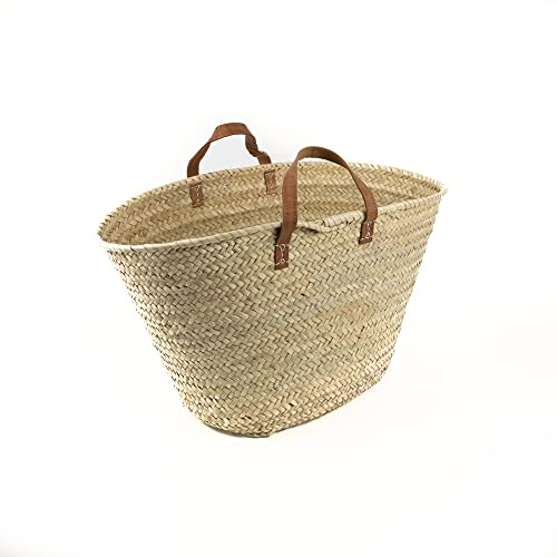 Marktkorb, Palmblatttasche, Korbtasche Geflochten, Einkaufkorb, ca 50x15x30 cm, Korbtasche Natur Ledergriffe, Flechtkorb Einkaufkorb, Aufgehängt Gemacht