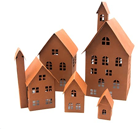 UNUS Deko Häuser 5er Set, Lichthäuser aus Metall, Herbstdeko Outdoor, Weihnachtsdorf für Garten, Terrasse oder Balkon Rost