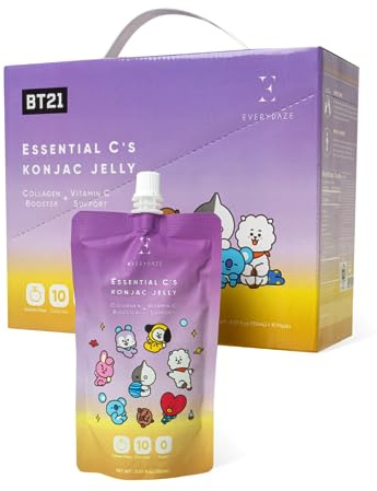EVERYDAZE BT21 Essential C’s Konjac Jelly | Korean Pear | Vegan Collagen Peptides and Vitamin C | Gluten Free, Sugar Free, Low Calorie | Healthy Drinkable Fruit Snack | 10 Pack Box Food Drink Pouch