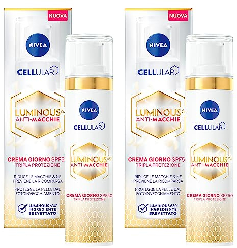 Nivea Cellular Luminous630 Crema Giorno Anti-Macchie Scure SPF 50 Tripla Protezione Viso, con Acido Ialuronico e Vitamina E Idratante Opacizzante Uniformante- 2 Flaconi da 40ml