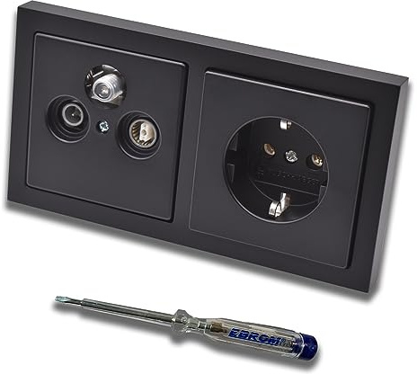 Busch Jäger SET: Unterputz 3-Loch Dose 47-2150 MHz, Enddose Stichdose, Radio/TV/SAT-Kompatibilität + Future Linear schwarz matt Rahmen + Steckdose 20EUC-885 + EBROM Phasenprüfer zur Montage d. Geräte