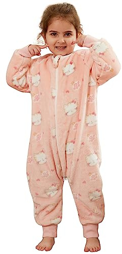 HAHASHOW Baby Winter Schlafsack mit Füßen Flanell 2.5 Tog 3-4 Jahre Kat | Warm und Weich, Zweiwege Reißverschluss, Maschinenwaschbar, mit Ärmeln und Geteilten Füßen, für Herbst und Winter