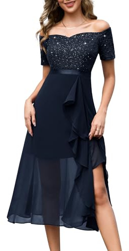 Berylove Robe de soirée formelle à paillettes pour femme épaules dénudées mariage cocktail robe de soirée midi, bleu marine, S