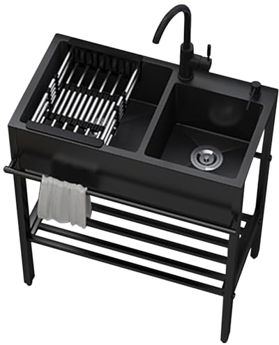 Spülbecken Edelstahl Spültisch Komplettspüle Outdoor Camping Gastrospüle 2 Becken Waschbecken Küche Edelstahlspüle Küchenspüle Organizer Doppelbecken Ausgussbecken Waschtisch Spüle mit Armatur (Size