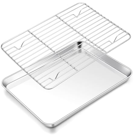 Backblech mit Abkühlgitter, Onader Edelstahl Ofenblech Backform mit Kuchengitter Set für Servieren Backen Braten, Leicht zu Reinigen & Ungiftig, 31,4x24,6x2,5cm