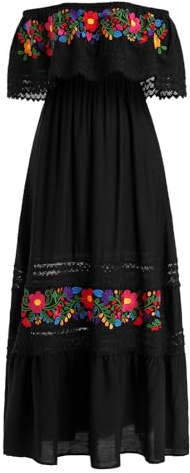 IWEMEK Vestido Mexicano para mujer, vestido largo de verano con volantes y hombros descubiertos bordados, flores, vestido de verano, vestido de playa, vestido de ocio, Cinco de Mayo - Vestido de