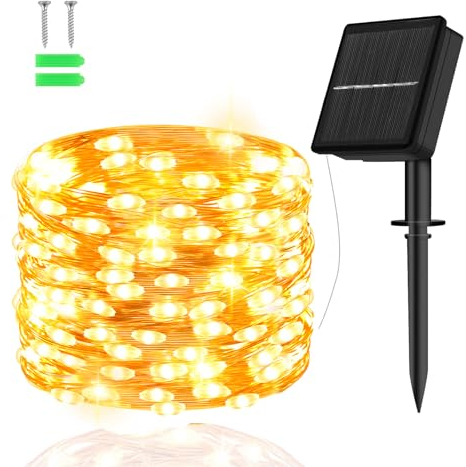 cshare Solar Lichterkette Aussen, 5M 50 LED Kupferdraht 8 Modi Timer IP65 Wetterfest für Hof, Weihnachtsbaum, Garten, Schlafzimmer, Balkon, Tor Innen/Außen Dekorationen (Warmweiß)